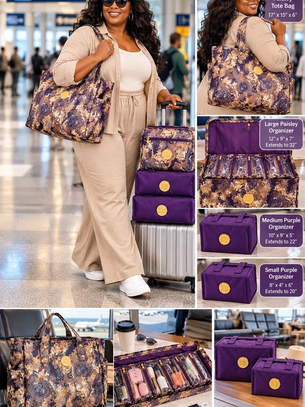 JOY Purple Paisley Travel Tote & Organizer 4 Piece Set RFID